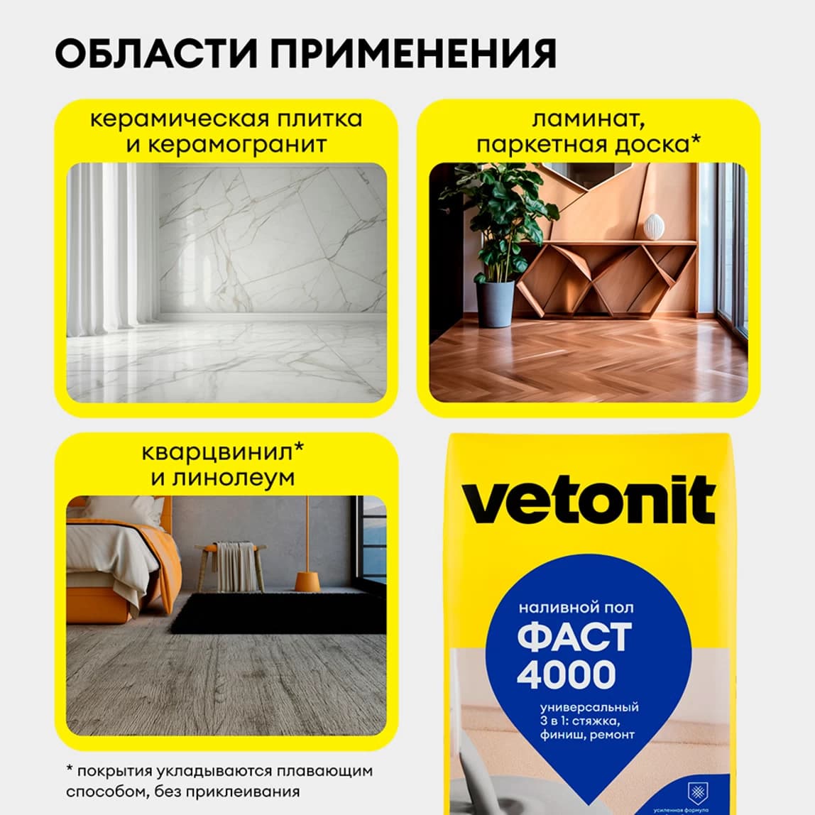 Ровнитель (наливной пол) универсальный Vetonit Фаст 4000 самовыравнивающийся 20 кг — фото 3