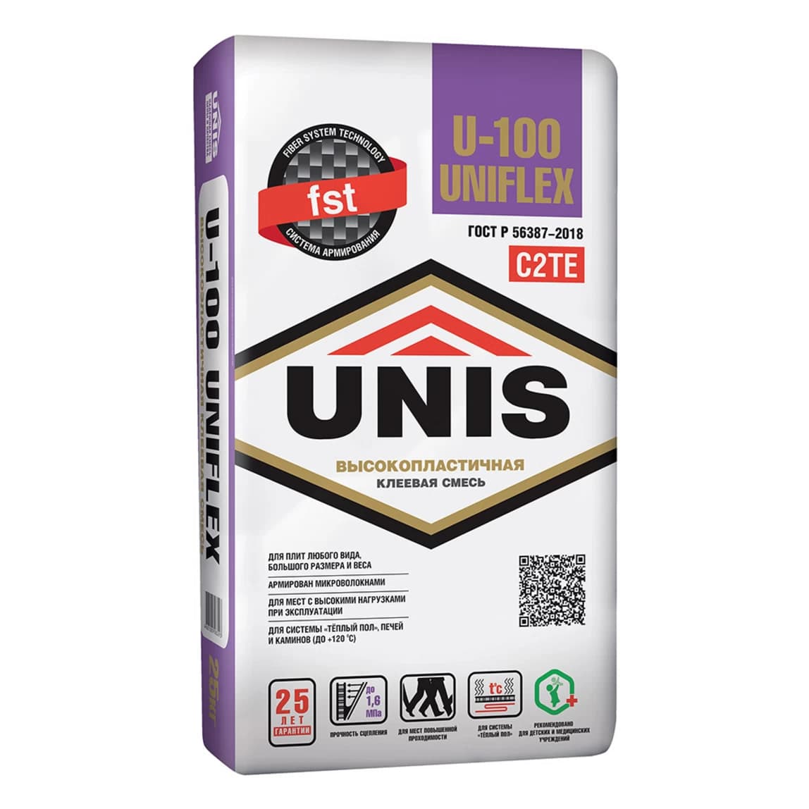 Клей для плитки/ керамогранита/ камня Unis U-100 PolymerGEL серый класс C2 TE 25 кг