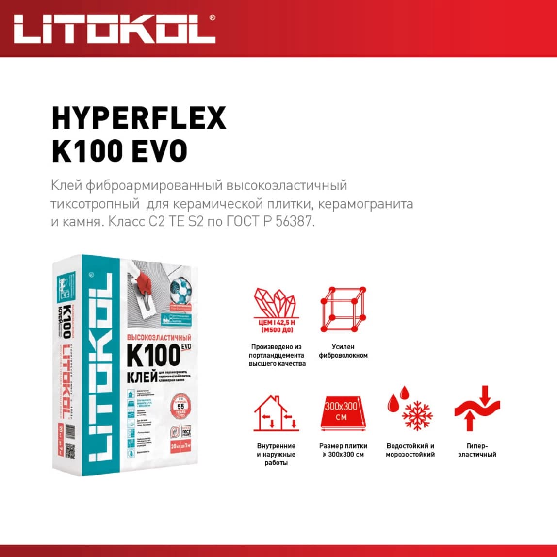 Клей для плитки/ керамогранита/ камня Litokol Hyperflex K100 эластичный серый класс C2 TE S2 20 кг — фото 3
