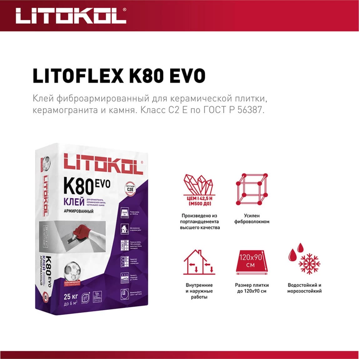 Клей для плитки/ керамогранита/ камня/ клинкера Litokol Litoflex K80 усиленный фиброволокном серый класс C2 E 25 кг — фото 2