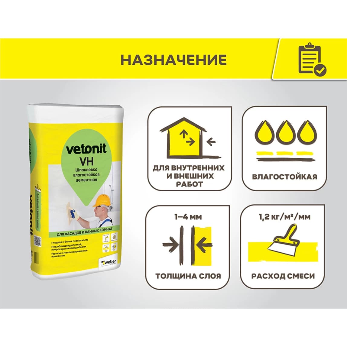 Шпаклевка цементная Weber.vetonit VH для влажных помещений белая 20 кг — фото 2